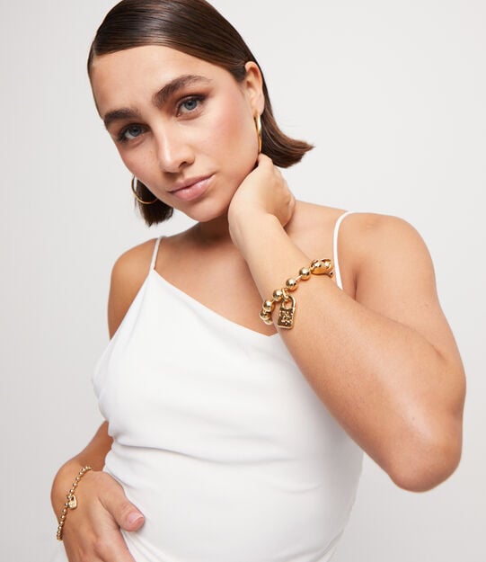 Beaded bracelet with a padlock charm, Golden, large